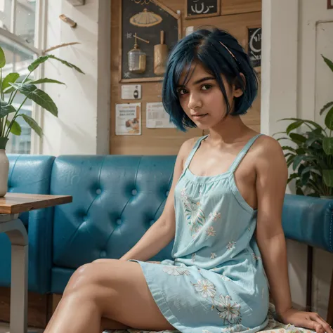 (very detailed 8k wallpaper), an 18 year old pakistani loli girl, particle lighting, high detail, dramatic, fooocus, juggernaut xl, short blue hair with fading roots, sitting in a cafe, pastel restaurant interior, wearing small tight white coloured sundres...