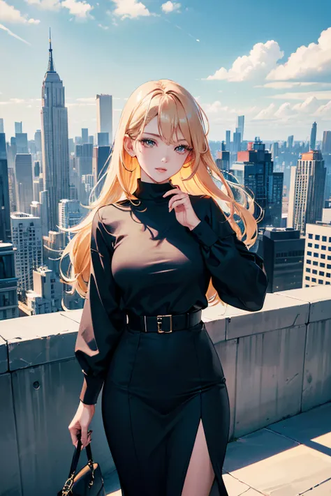 (best quality,4k,highres:1.2),ultra-detailed,realistic,portrait,beautiful detailed face,beautiful detailed eyes,beautiful detailed lips,focused,reliable,straight long hair,stylish,outfit,determined expression,confident walk,modern cityscape,skyscrapers,urb...