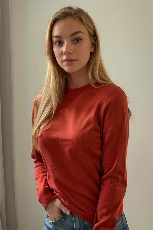 Photo realistic blonde girl wearing tight red crew neck sweater