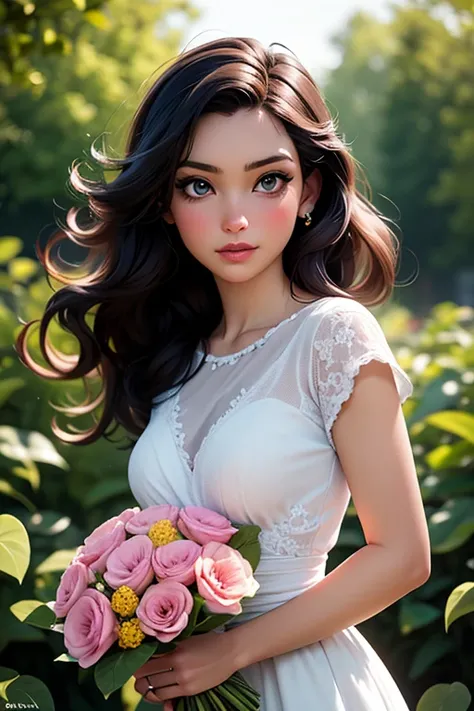 a girl, beautiful detailed eyes, beautiful detailed lips, extremely detailed eyes and face, long eyelashes, [tall], [long hair], [dressed in a flowy dress], [holding a bouquet of flowers], [standing in a colorful garden], [sunlight filtering through the tr...