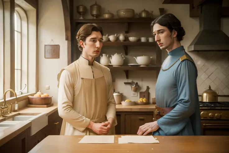 1136, Kingsbridge, England. otherworldly scene in a monastery kitchen, ((((27-year-old)) Richard Rankin)), with Adam Driver, monk, conspiring, frowning, ((((poor plain tunic from the 12th century)))), ((Hairstyle of the 12th century)), ((Wes Anderson cinem...