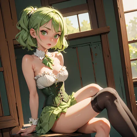 (masterpiece, best quality), 1girl, Apple green Short Wavy Hair with, Size DD breasts, Pearl gray Corset top and Ruffled mini skirt, kneehighs, Sitting with legs stretched out and arms crossed over the chest