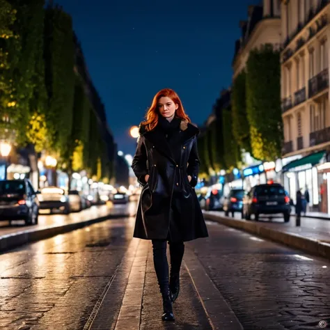 nice ginger lady walking street of Paris, close to Eiffel Tower, at night, with winter coat, sexy, midnight stroll