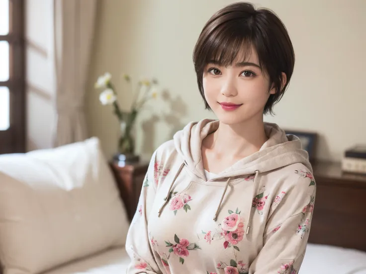 132
(a 20 yo woman,Wearing sportswear), (A hyper-realistic), (high-level image quality), ((beautiful hairstyle 46)), ((short-hair:1.46)), (Gentle smile), (breasted:1.46), (lipsticks), (Large room), (florals), (wearing hoodies)