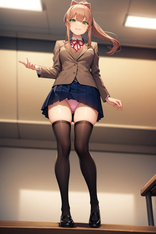 ((full body)), ((full pose)), ddlcmonika, ddlcmonika, blunt bangs, brown hair, (green eyes:1.5), long hair, ponytail, ribbon, white ribbon, hair ribbon, sidelocks, ((smug face)), 
BREAK black thighhighs, blue skirt, brown jacket, jacket, long sleeves, mary...