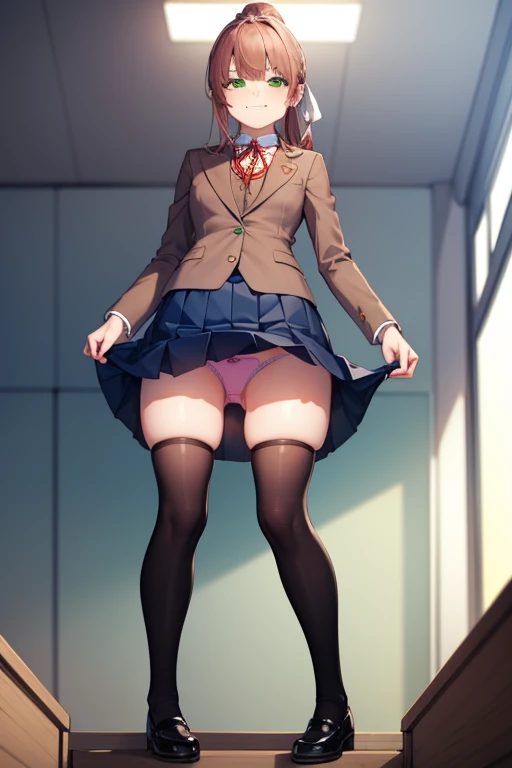 ((full body)), ((full pose)), ddlcmonika, ddlcmonika, blunt bangs, brown hair, (green eyes:1.5), long hair, ponytail, ribbon, white ribbon, hair ribbon, sidelocks, ((smug face)), 
BREAK black thighhighs, blue skirt, brown jacket, jacket, long sleeves, mary...