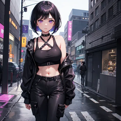 1 girl,short black hair(bob cut),amethyst purple eyes,black crop top,black cargo pants,night time,city streets with neon lights background