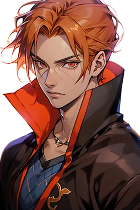 Taro is a handsome young man with spiky orange hair and small orange or light brown eyes. He is often mentioned as a scary person to his eyes,wizard