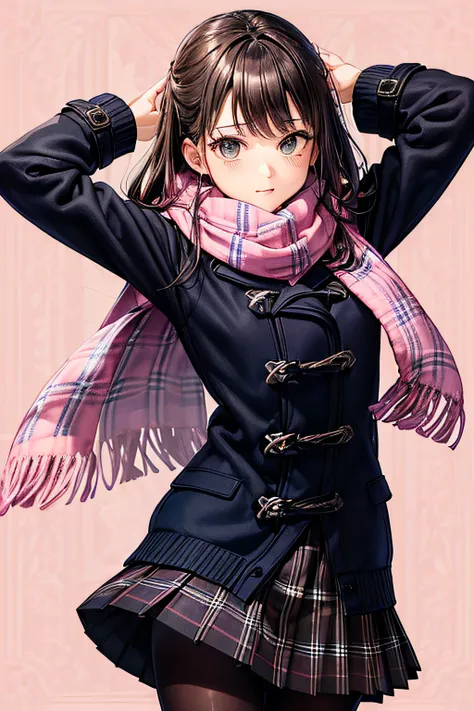 ((worst quality, low-quality)), masutepiece,Best Quality,ultra-detailliert,​masterpiece,(dark navy theme:1.3), (Wearing a dark navy duffel coat over your school uniform、Only the hem of the skirt is exposed:1.4), (Black and white plaid pleated skirt:1.1), (...