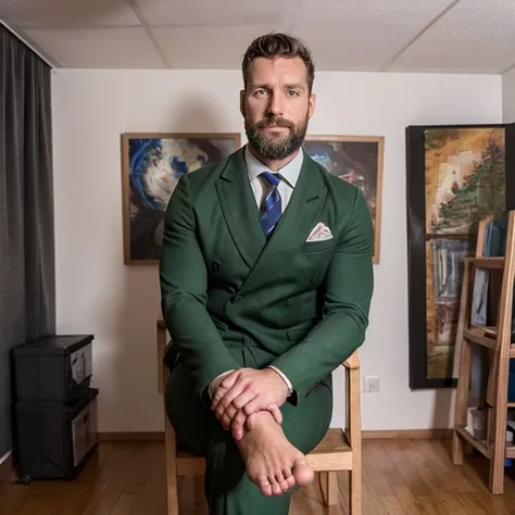 masculine, bearded 35 years old male doctor  wearing a dark green suit and barefeet. he  growing proportionally and looking huge...