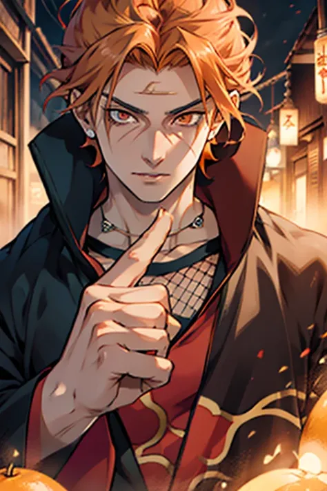 Taro is a handsome young man with spiky orange hair and small orange or light brown eyes. He is often mentioned as a scary person to his eyes,wizard, scar