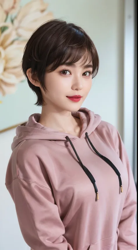 132
(a 20 yo woman,Wearing sportswear), (A hyper-realistic), (high-level image quality), ((beautiful hairstyle 46)), ((short-hair:1.46)), (Gentle smile), (breasted:1.46), (lipsticks), (Large room), (florals), (wearing hoodies)