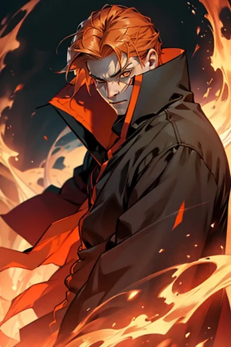 he is a handsome young man with spiky orange hair and small orange or light brown eyes. He is often mentioned as a scary person to his eyes,wizard, scar, burn half face