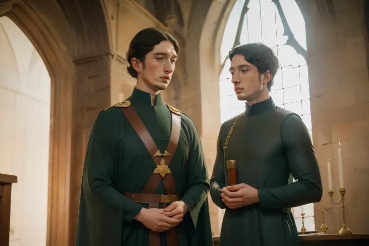 1136, Kingsbridge, England. otherworldly scene in a monastery, ((((27-year-old)) Richard Rankin)), with Adam Driver, monk, conspiring, secrecy, look of truimph, ((((poor plain tunic from the 12th century)))), ((Hairstyle of the 12th century)), ((Wes Anders...