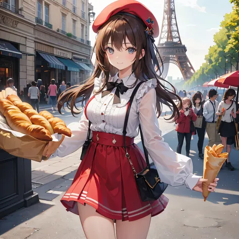 Masterpiece, superior quality, ultra-detailed, 8k drawing under CG unity, a woman looking directly at the observer, summer subject, medium brown hair, a charmed and happy look, in the city center of paris, Eiffel tower, red beret, smiling, + BAGUETTE CROIS...