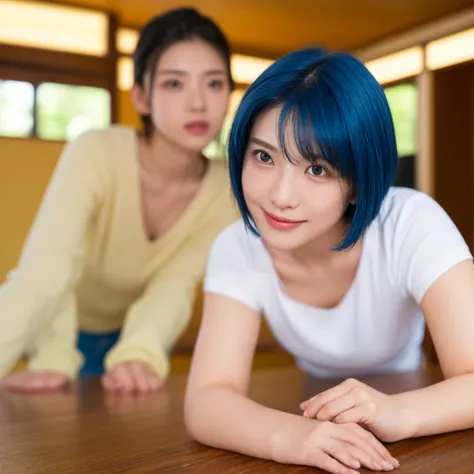 Girls with short and medium hair，Blue hair，ID photo looking straight into the camera。