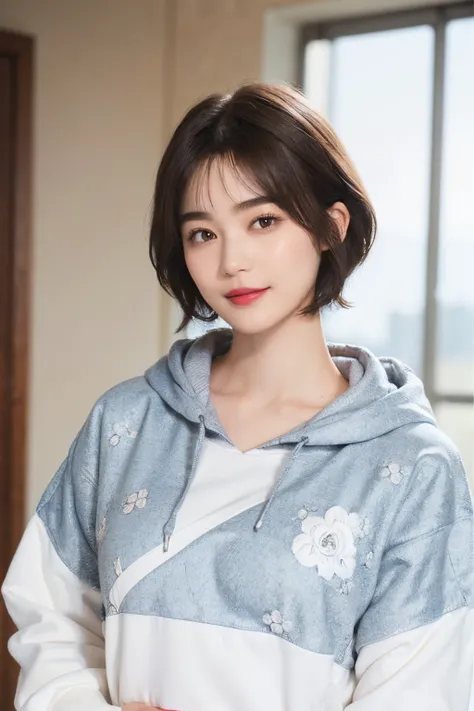 132
(a 20 yo woman,Wearing sportswear), (A hyper-realistic), (high-level image quality), ((beautiful hairstyle 46)), ((short-hair:1.46)), (Gentle smile), (breasted:1.46), (lipsticks), (Large room), (florals), (wearing hoodies)