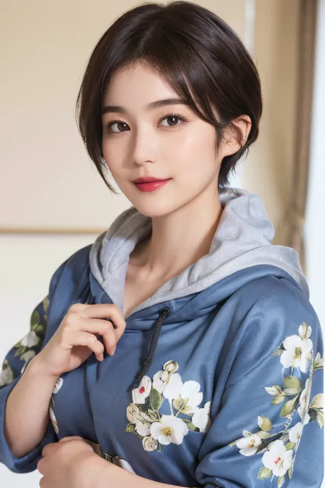 132
(a 20 yo woman,Wearing sportswear), (A hyper-realistic), (high-level image quality), ((beautiful hairstyle 46)), ((short-hair:1.46)), (Gentle smile), (breasted:1.46), (lipsticks), (Large room), (florals), (wearing hoodies)