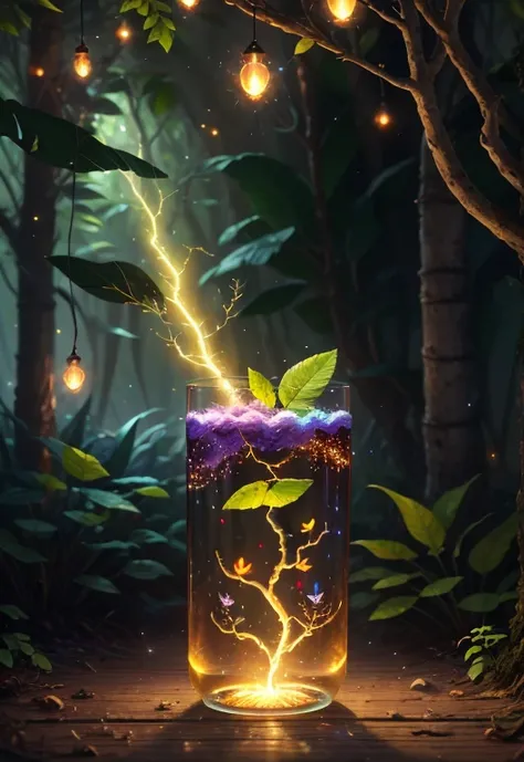 Fantasy in a glass, "ethereal roses, beautiful girls, cute slime animals, glowing little mushrooms surrounded by delicate leaves and branches, and fireflies and glowing particle effects", (natural elements), (jungle theme), (leaves), (branches), (fireflies...