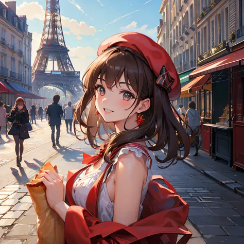 Masterpiece, superior quality, ultra-detailed, 8k drawing under CG unity, a woman, summer subject, medium brown hair, a charmed and happy look, in the city center of paris, Eiffel tower, red beret, smiling, + BAGUETTE CROISSANT