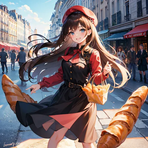 Masterpiece, superior quality, ultra-detailed, 8k drawing under CG unity, a woman, summer subject, medium brown hair, a charmed and happy look, black long dress, in the city center of paris, Eiffel tower, red beret, smiling, + BAGUETTE CROISSANT