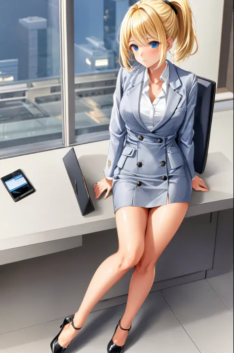 blonde, ponytail, bangs to the side,secretary, short dress, white shirt, blazer, black heels, office, sky view window, small che...