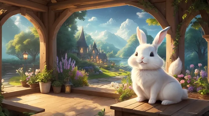 (Best quality at best,4K,A high resolution,tmasterpiece:1.2),all white tone，ultra - detailed,White Rabbit Village,cute big breasts,White Rabbit&#39;s House,whimsical village,fairytale atmosphere,adorable rabbit,storybook setting,fantasy themed,furry bunny,...