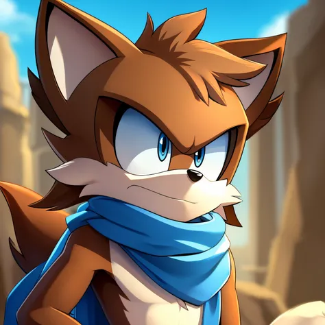 Male, Mobian, Dog, brown fur, light blue scarf, light blue eyes, bright and determined