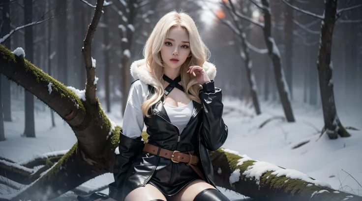 Blade Runner 2049, Dark Fantasy, Beautiful necromancer girl, snow-white glossy leather, Black Boots, black leather boots, belt, waist bag, Arms crossed over his chest, right leg slightly bent, Perfect body proportions, The Perfect Girl, white colored hair,...