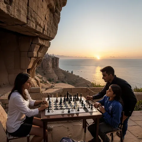 Two chess players playing chess on Raouche Rocks in Lebanon during sunset with a real 64-squared chess board. 3 people standing next to them watching the game