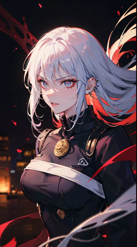 anime women, dark outfit with red and blue details, white hair, (golden dragon eyes) standing in a rain soaked, city street at night, photorealistic, cinematic lighting (best quality:1.2),ultradetailed,(photorealistic:1.37), neon lights, vivid colors,bokeh...