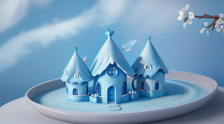 (Best quality at best,4K,8K,A high resolution,tmasterpiece:1.2),ultra - detailed,super complex，(Super cute 3D round little blue bird，Light blue and white fairy tale village)，There are little bluebirds everywhere，fei，Flock of Birds，super adorable