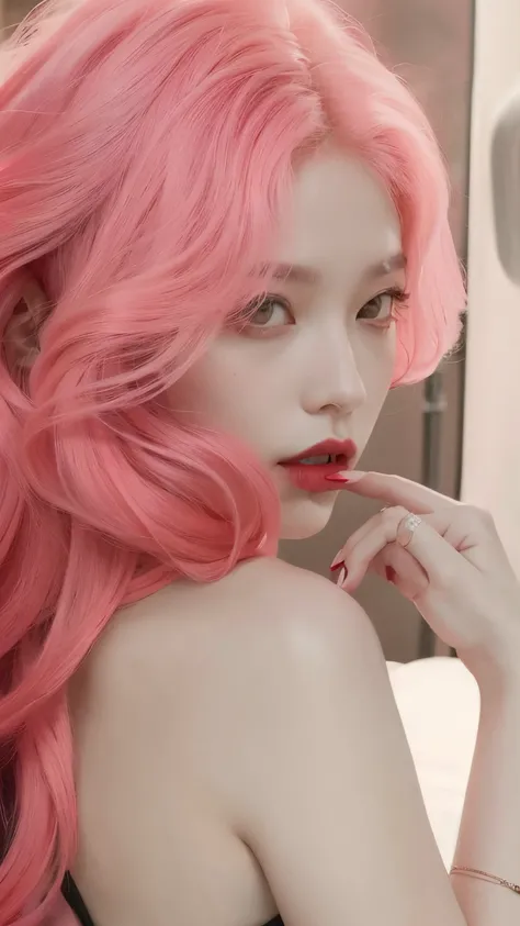 tem uma mulher com cabelo rosa e batom vermelho, com cabelo rosa, cabelo rosa, inspirado em Yanjun Cheng, flowing pink hair, cabelo rosa longo, cabelo chiclete, long flowing pink hair, Tumblr, menina cor-de-rosa, cabelo rosa wispy, cara rosa, estilo de cor...