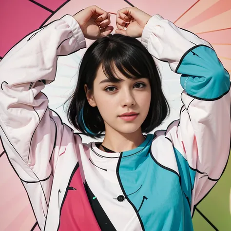 closeup professional photograph of a young woman wrapped in a colorful warm quilt, cel shading, bold outlines, flat colors, sharp shadows, graphic style, (manga influence:1.3), clean linework, striking visuals,comic