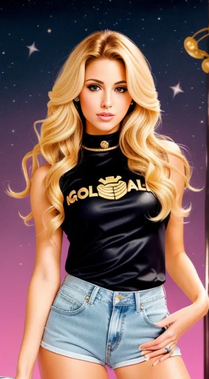 "(Mature and realistic portrayal:1.2) Sailor Moon (golden bronde hair) exuding confidence as she holds a microphone, her blonde hair cascading down, adorned in stylish black  white denim clothes from the 2000s, with a backdrop filled with donuts."