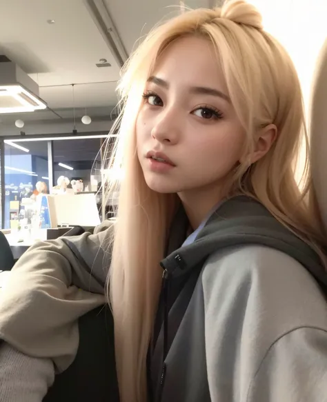 garota araffe com longos cabelos loiros e um moletom posando para uma foto, Ulzzang, menina coreana, Parque Roseanne do Blackpink, Retrato de Jossi de Blackpink, pale round face, maquiagem sul-coreana popular, jossi do blackpink, extremely pale blond hair,...