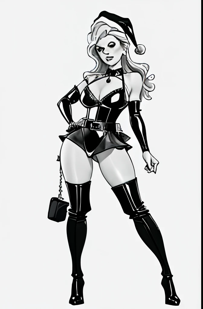 Line Art Styler, full body portrait of Mrs Claus in a Dominatrix outfit, leather body harness, fishnet stockings, high heel thigh high boots, leather, black and white ink, monochrome,