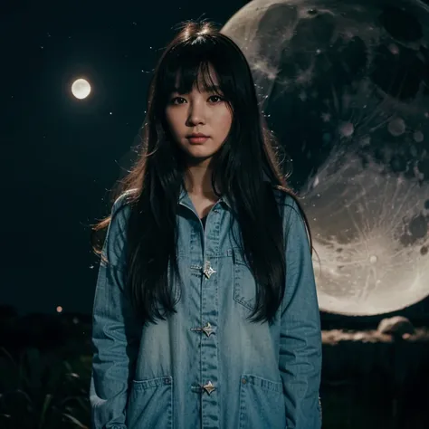 Asian girl with long hair and bangs with stars in her eyes, while she is standing in front of the moon and holding a star