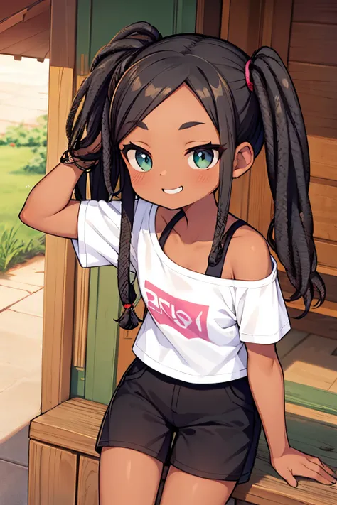 pull T-shirt, T-shirt down, nipples, off shoulder, bare shoulder, black girl, dreadlocks, twintails, long hair, dark skin, african, smile, wide pants, Africa, hand on head, leaning forward