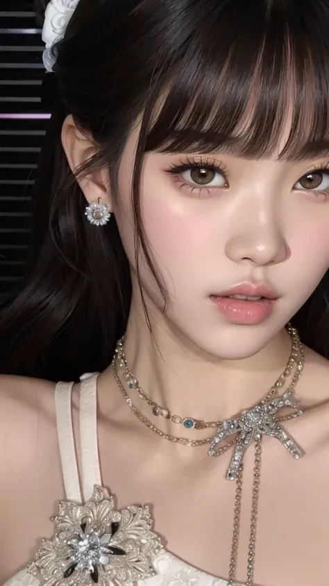 Un primer plano de una mujer con un collar y un vestido, Lalisa Manobal, ulzzang, Lalisa Manoban de Blackpink, Jinyoung Shin, Cai Xukun, Penetrante ojos claros, muy, muy baja calidad, Chiho, Sha Xi, Wan adorable cara coreana, Jossi de Blackpink, Jaeyeon Na...