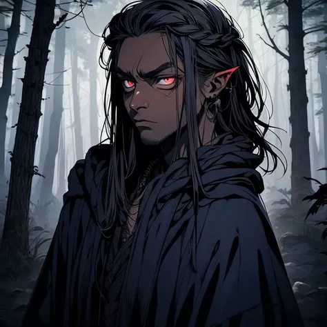 Warrior, dark skinned, early twenties, male, solo, white hair, man bun hairstyle, height quality, good posture, relaxed, clear eyes, loose dark blue worn out robes, red eyes , amidst the forest, weary, anger, dramatic ,profile view, dark color palette.