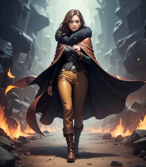 female character, brown hair, wearing an animal skin coat, pompous cape, black cape, cold colors, green crystal earrings, a powerful magician, calm countenance, long brown pants, eskimo boots, bursting energy throughout the place