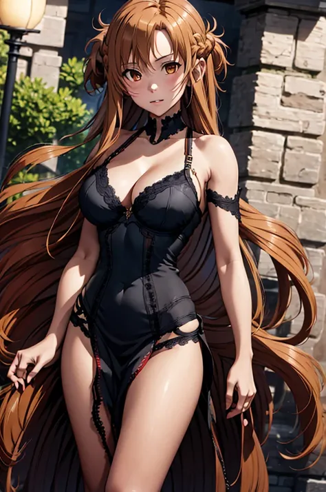 anime, highly detailed face, highly detailed eyes, highly detailed background, perfect lighting, full body, 1girl, solo, Asuna Yuuki, asuna, formal, indoors, black detailed dress, black heels, cleavage, tiara, jewelry, hair bun, frilled skirt, see-through,...