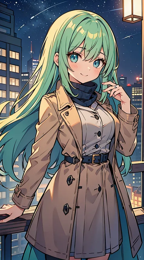 ((A Pretty girl with green hair and blue eyes))、((wearing brown trench coat and muffler))、Loli face、((master piece、top-quality、ultra-definition、high resolution))、anime girl、((ultra-detailed illust:1.2))、only one person、bangs、hair between eye、beautiful hair...