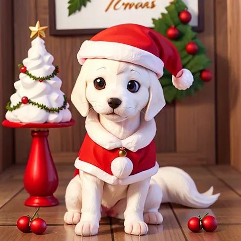 cute white swiss shepherd puppy with christmas hat and christmas coral outfit