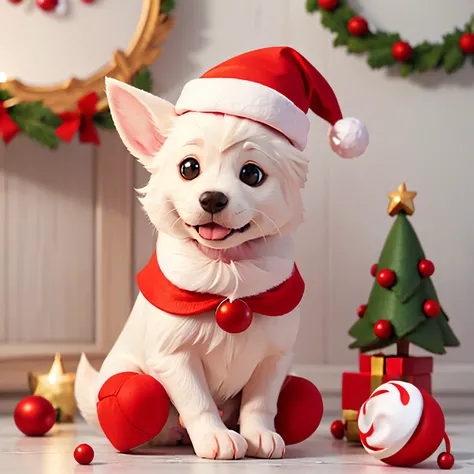 cute white swiss shepherd puppy with christmas hat and christmas coral outfit