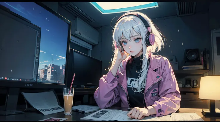 (Lofi), girl studying at the table, white hair, reading a book, wearing a headset, night light, rainy day neon landscape, analog color theme, hip hop Lo-fi, flashback, flat lay, 2.5D , line art, ink drawing, large ink line, watercolor, goauche color, Studi...