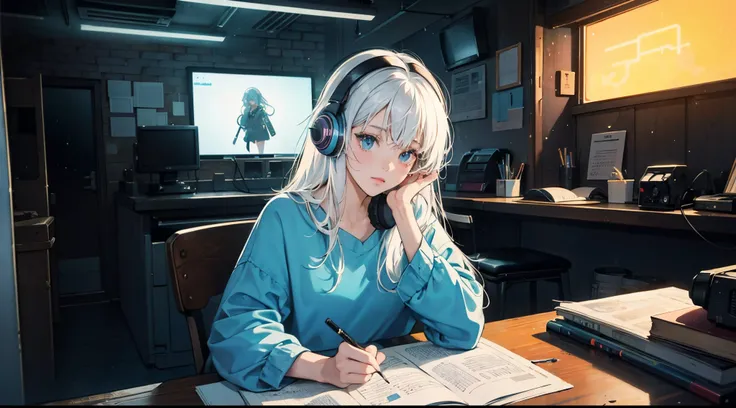 (Lofi), girl studying at the table, white hair, reading a book, wearing a headset, night light, rainy day neon landscape, analog color theme, hip hop Lo-fi, flashback, flat lay, 2.5D , line art, ink drawing, large ink line, watercolor, goauche color, Studi...