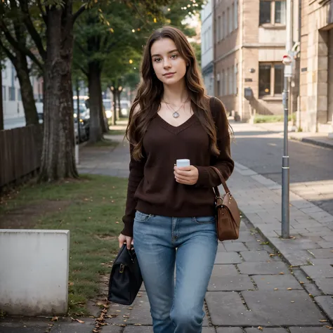 photo capturing the essence of Karolina, a 21-year-old Polish university student attending classes. Describe her appearance meticulously: Karolina has long, chestnut-brown hair cascading in loose waves down her shoulders. She wears a cozy, knit sweater ado...