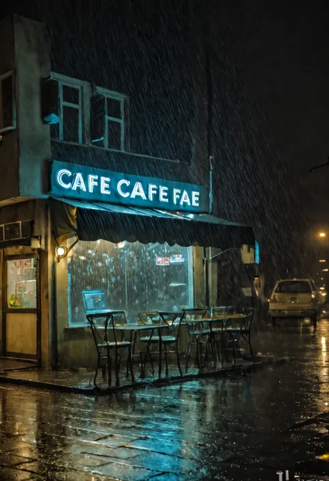 cyber cafe at night in the pouring rain